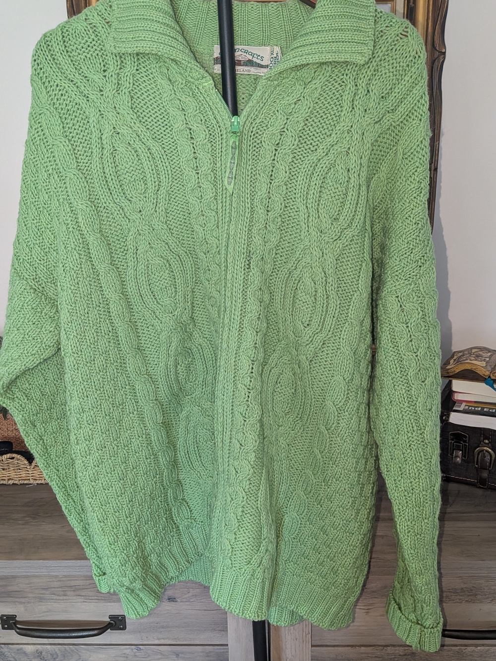 Aran Crafts Ireland Merino Wool Zip Cardigan XL Green Cable Knit Sweater